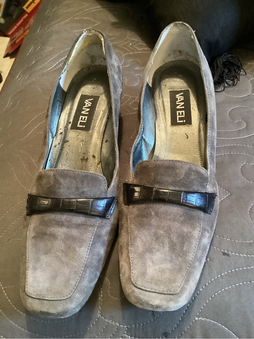 Vaneli Gray Suede Loafers with Black Croc Strap, size 9B